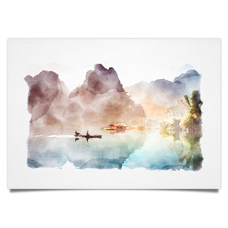 Boot auf Fluss - Vietnam - Aquarell Kunstdruck