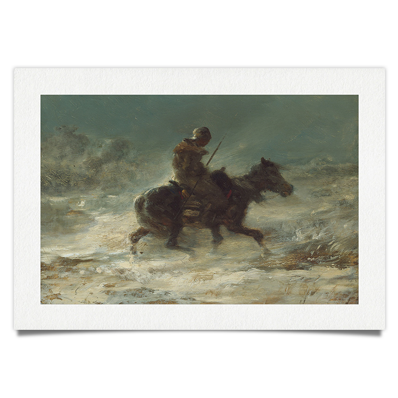 Reiter auf Pferd im Schnee - Ölgemälde Kunstdruck